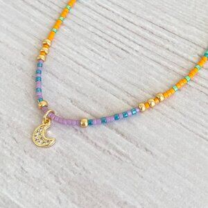 Miyuki bead necklace Multicolored beaded necklace Gold zircon moon necklace